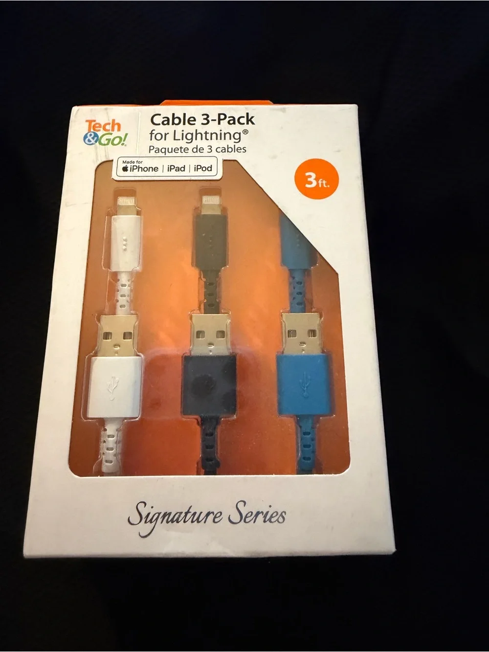 Signature Series 3-Pack Lightning Cables (White, Black, Blue) - 3 ft